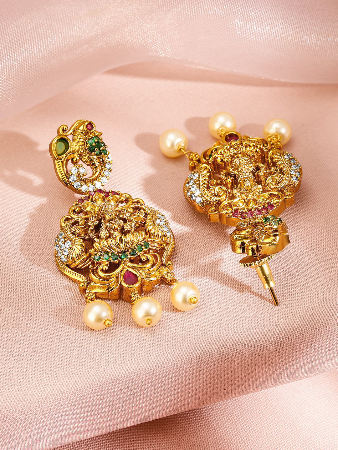 Peacock Motif Gold Toned Pearl Necklace Set