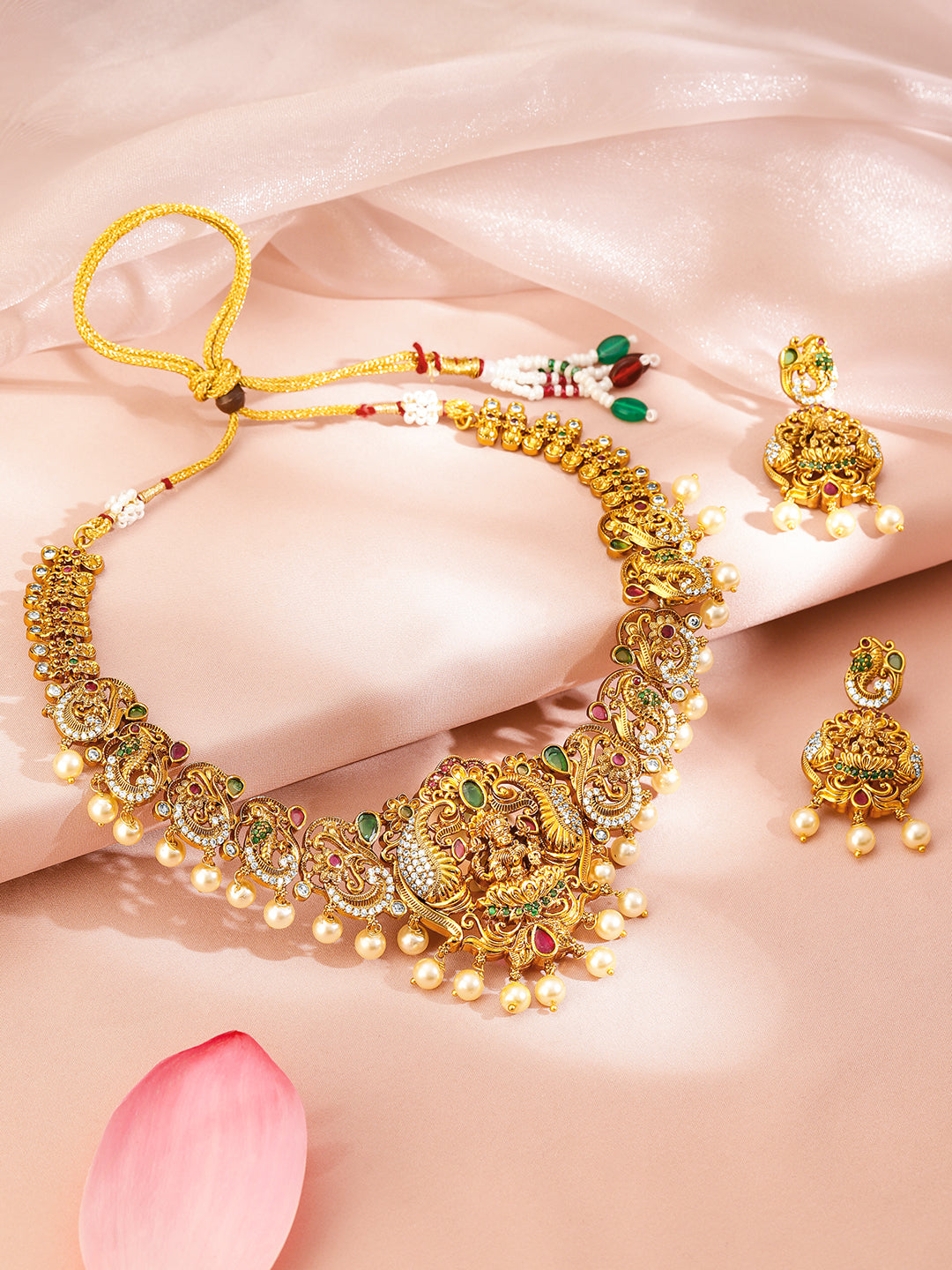 Peacock Motif Gold Toned Pearl Necklace Set