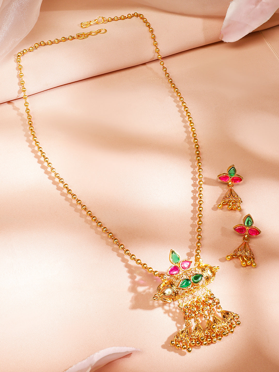 Gold Beaded Geometric Drop Necklace Set