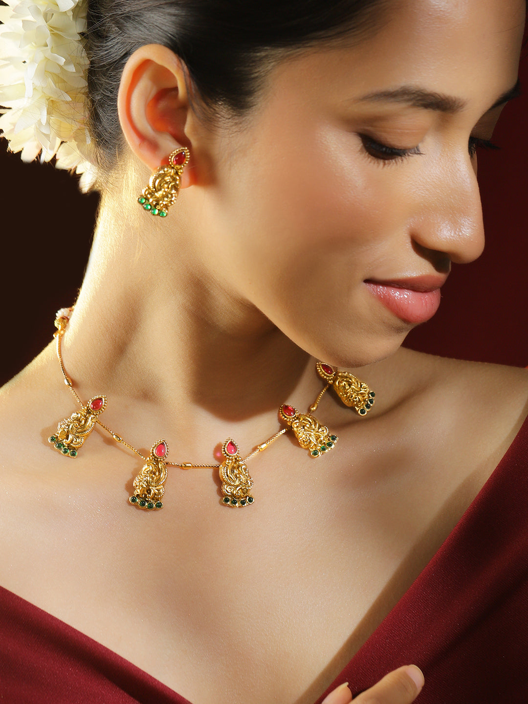 Pink & Green Peacock Motif Golden Necklace Set
