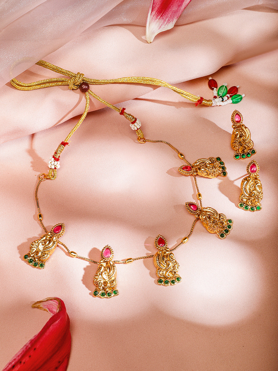 Pink & Green Peacock Motif Golden Necklace Set