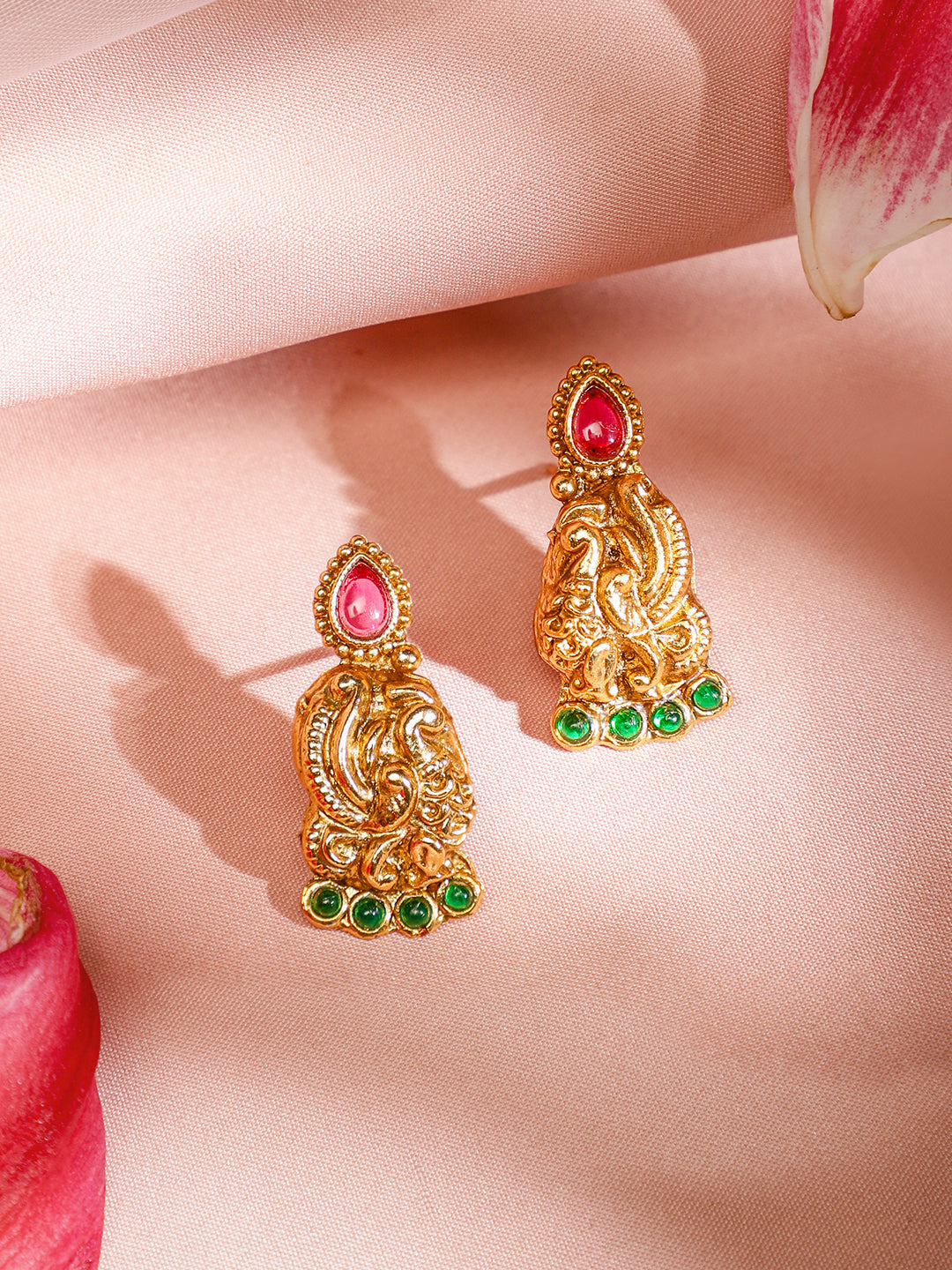 Pink & Green Peacock Motif Golden Necklace Set