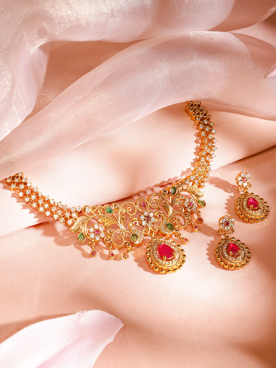 Peacock Motif American Diamond Zirconia Gold Necklace Set