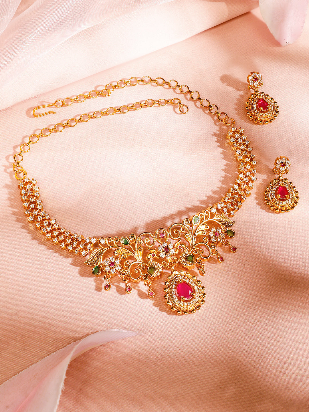 Peacock Motif American Diamond Zirconia Gold Necklace Set