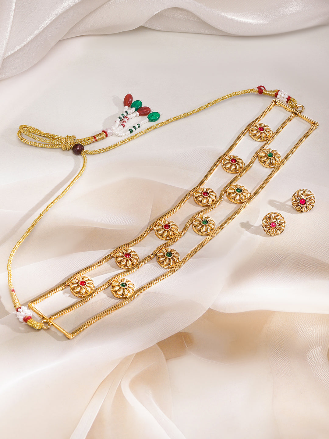 Red & Green Triple Layered Floral Choker Set