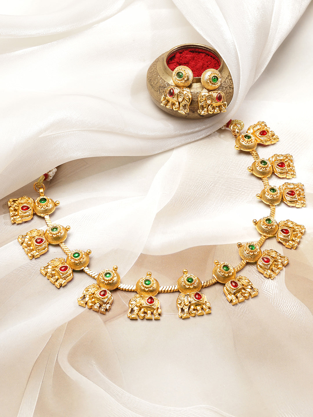 Pink & Green Studded Elephant Motif Necklace Set