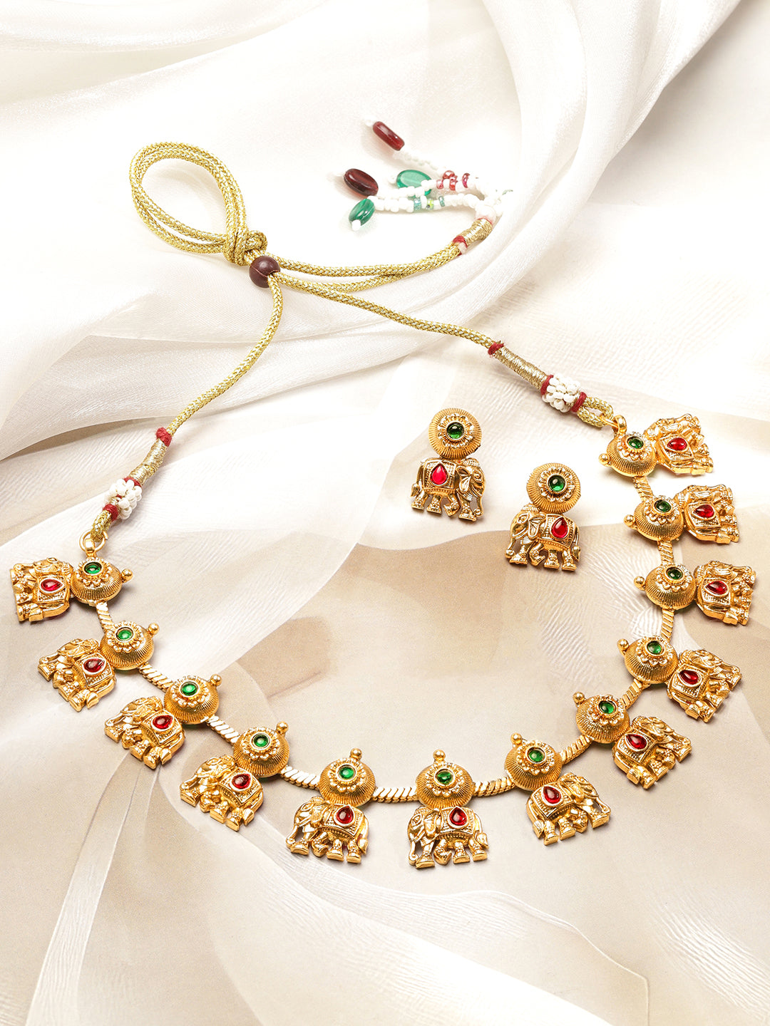 Pink & Green Studded Elephant Motif Necklace Set