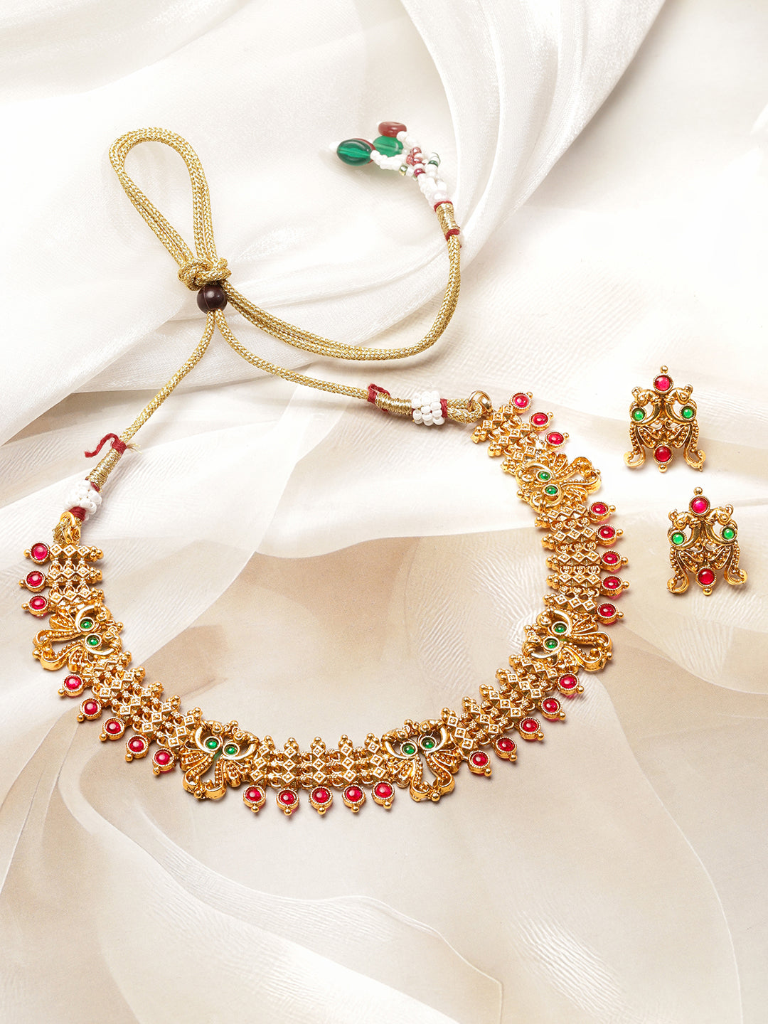 Red & Green Studded Gold Necklace Set