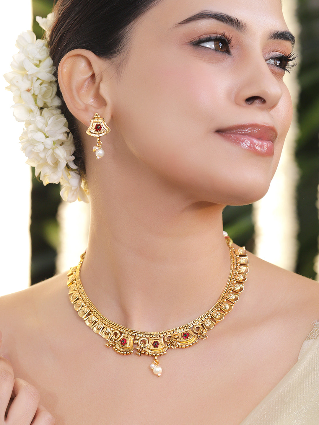Golden Necklace Set With Pearl Drops