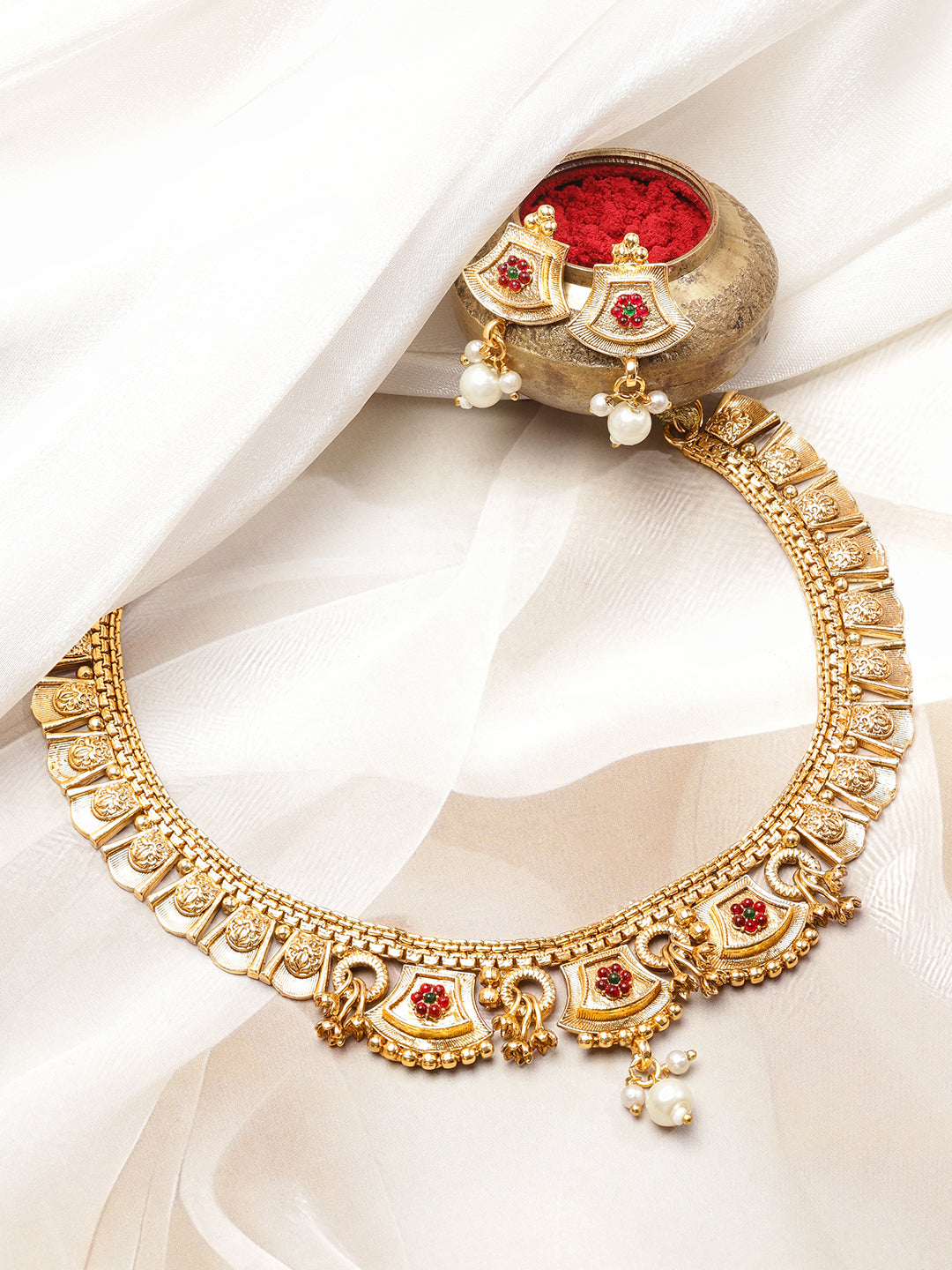 Golden Necklace Set With Pearl Drops