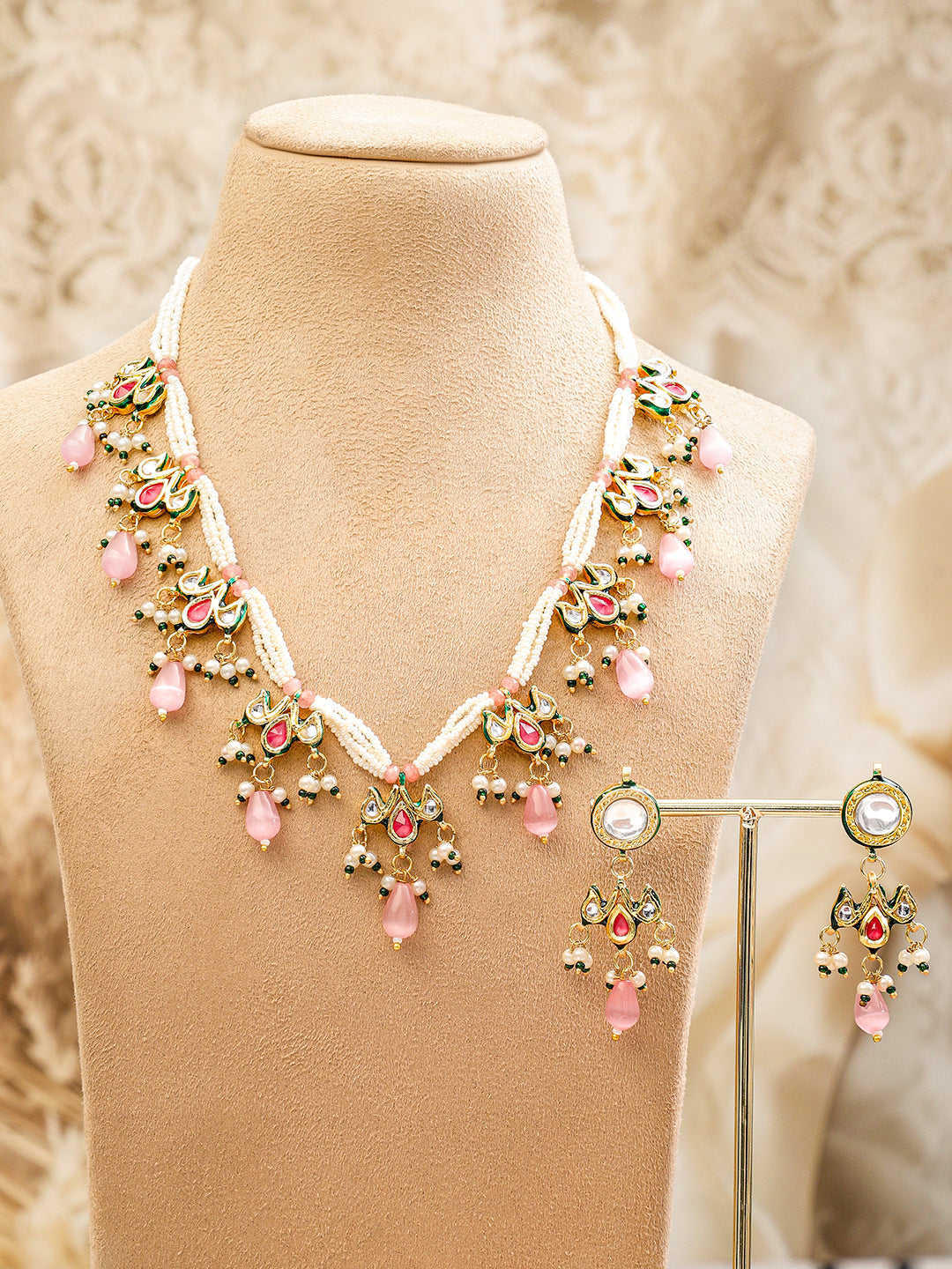 Dreamy Pink Kundan Pearl Necklace Set
