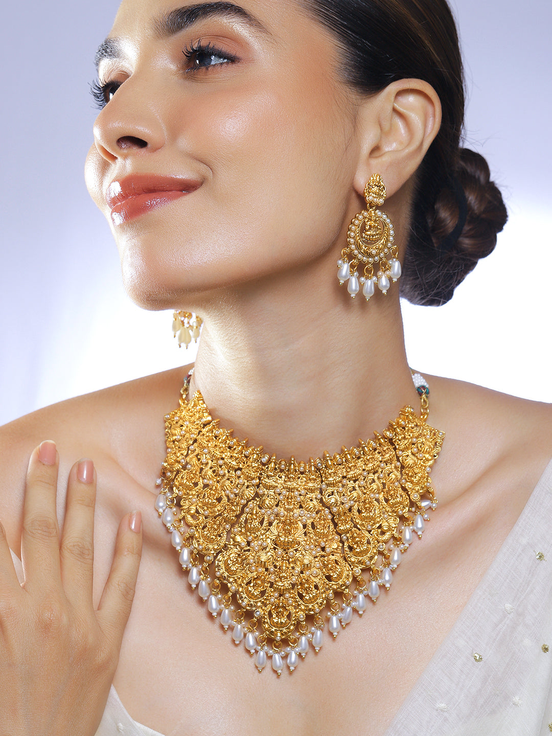 Laxmi Motif Necklace Set with Pearl Drops
