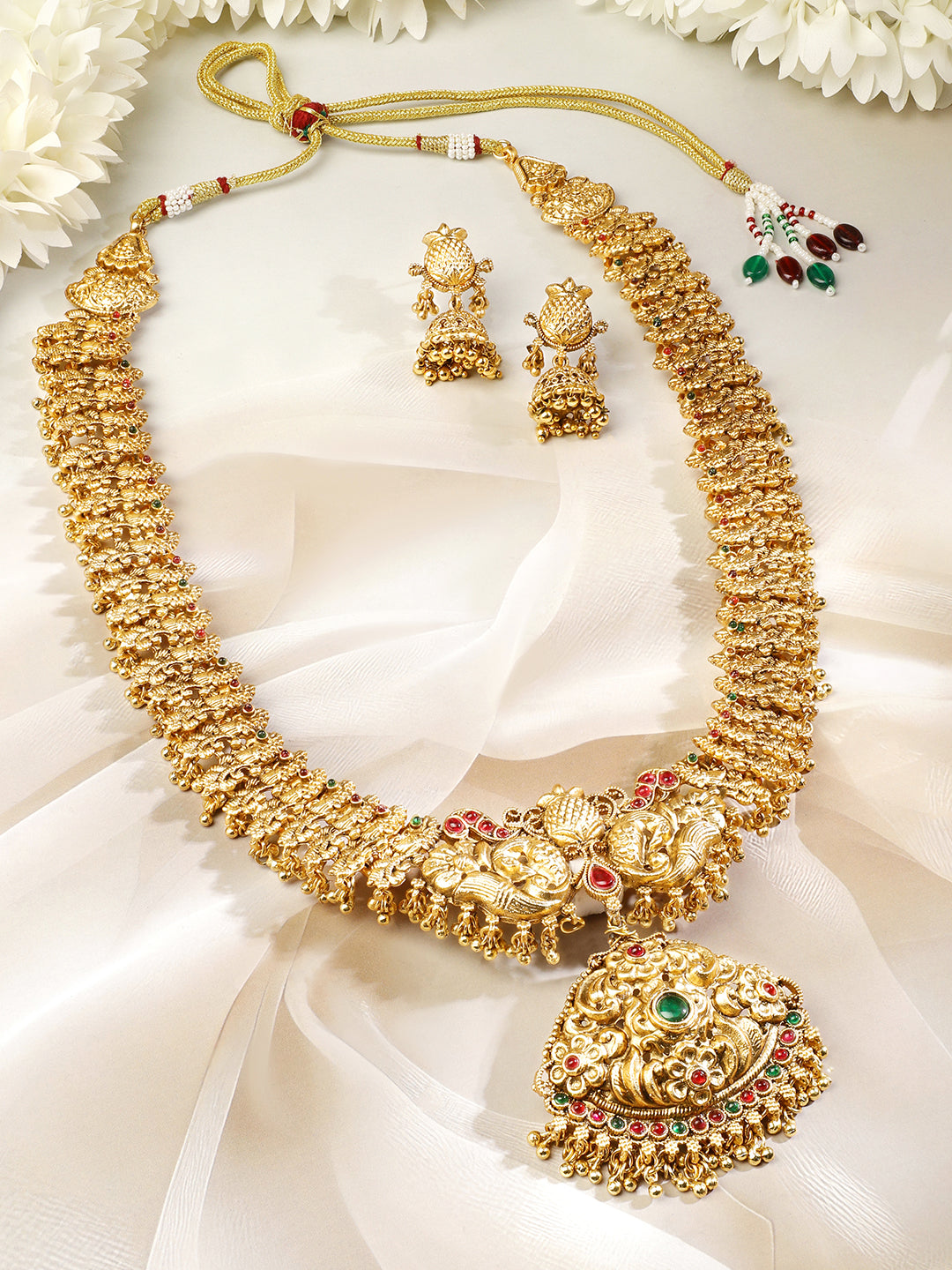 Red & Green Studded Temple Necklace Set
