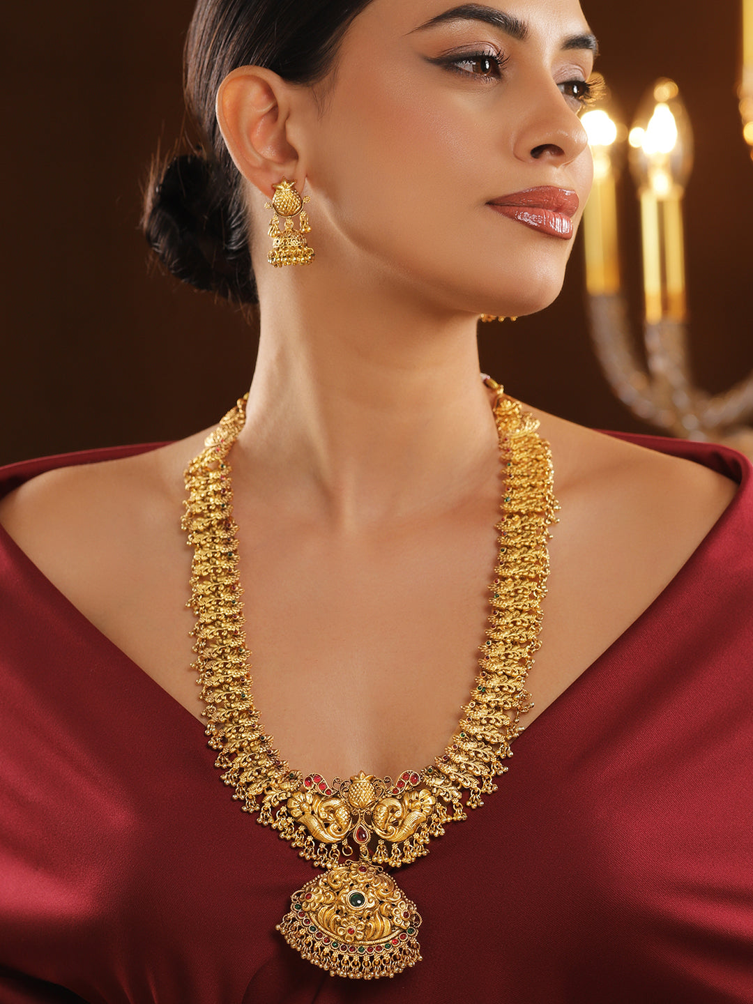 Red & Green Studded Temple Necklace Set