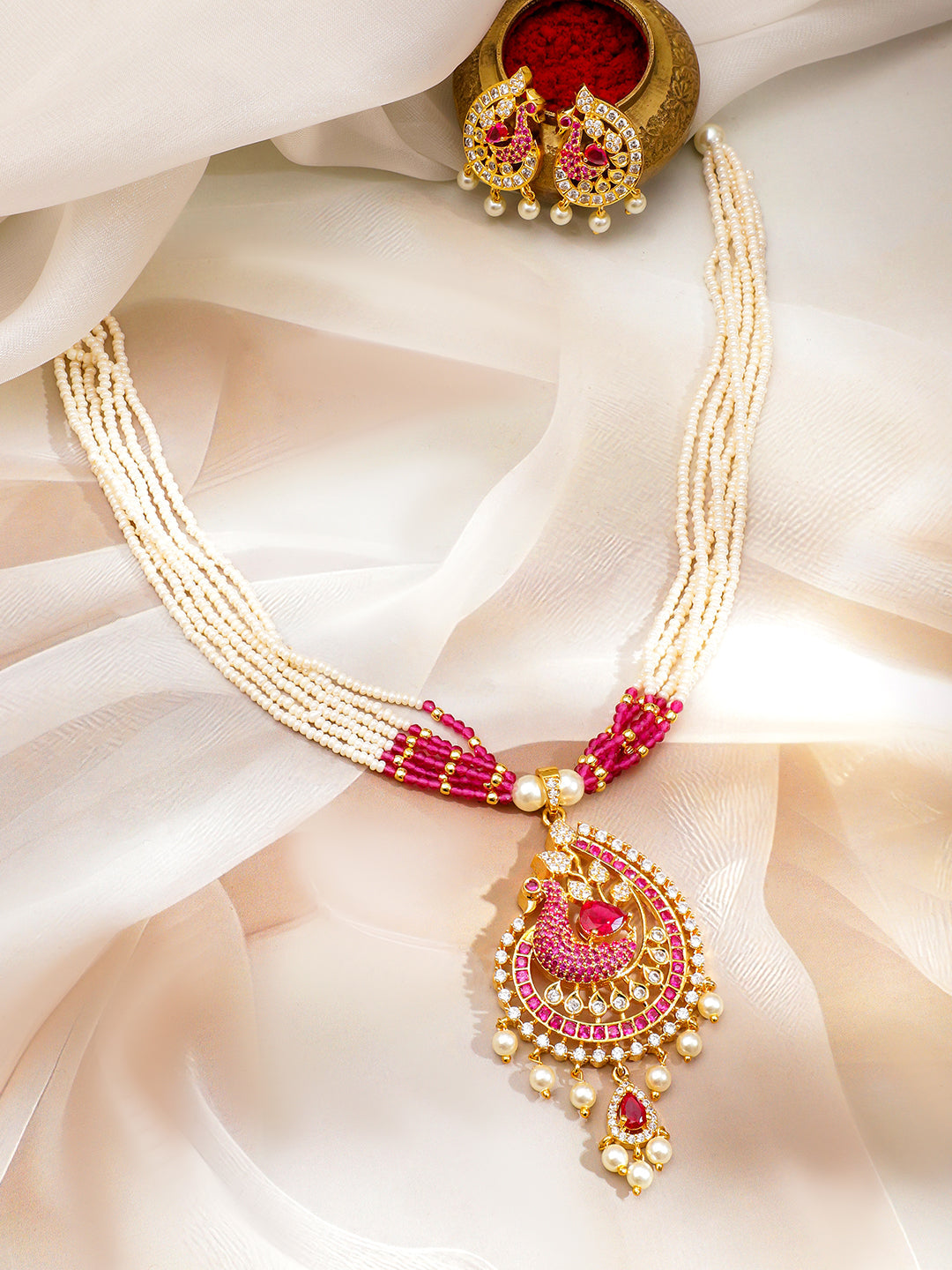 Pink & White American Diamond Zirconia Pearl Necklace Set