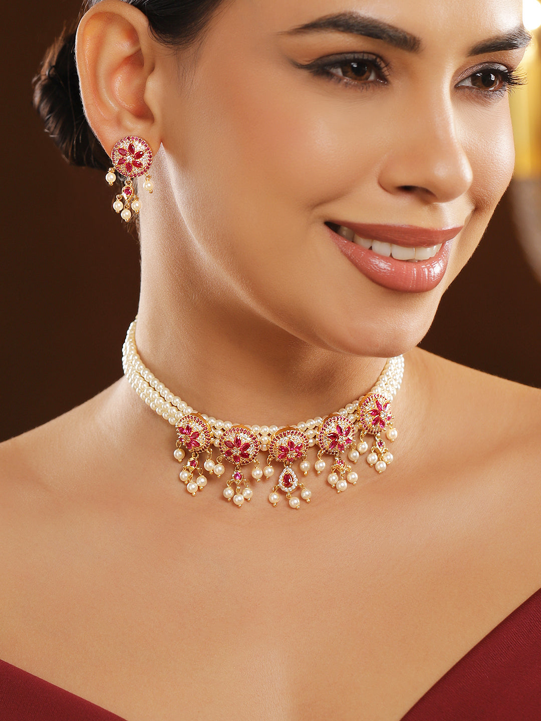 Handcrafted Floral Pink & Pearl Necklace Set