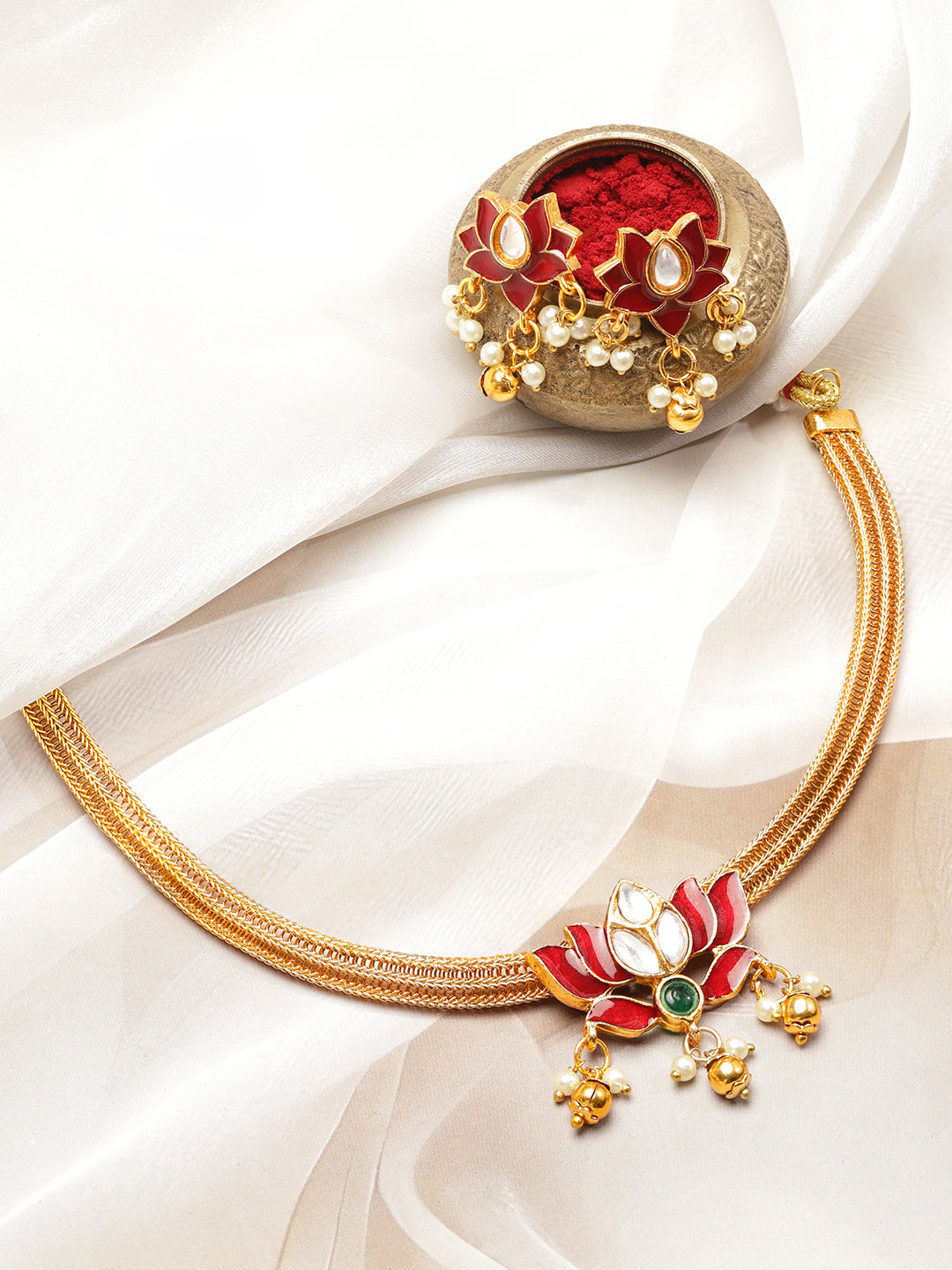 Lotus Motif Pearl Drop Red Choker Set