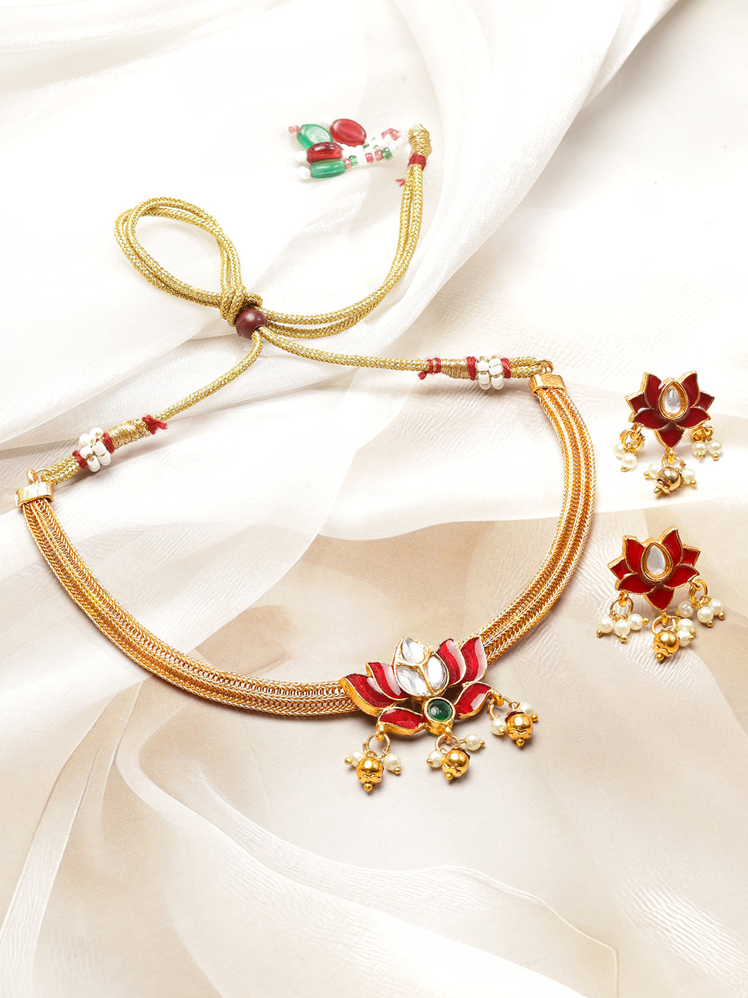 Lotus Motif Pearl Drop Red Choker Set