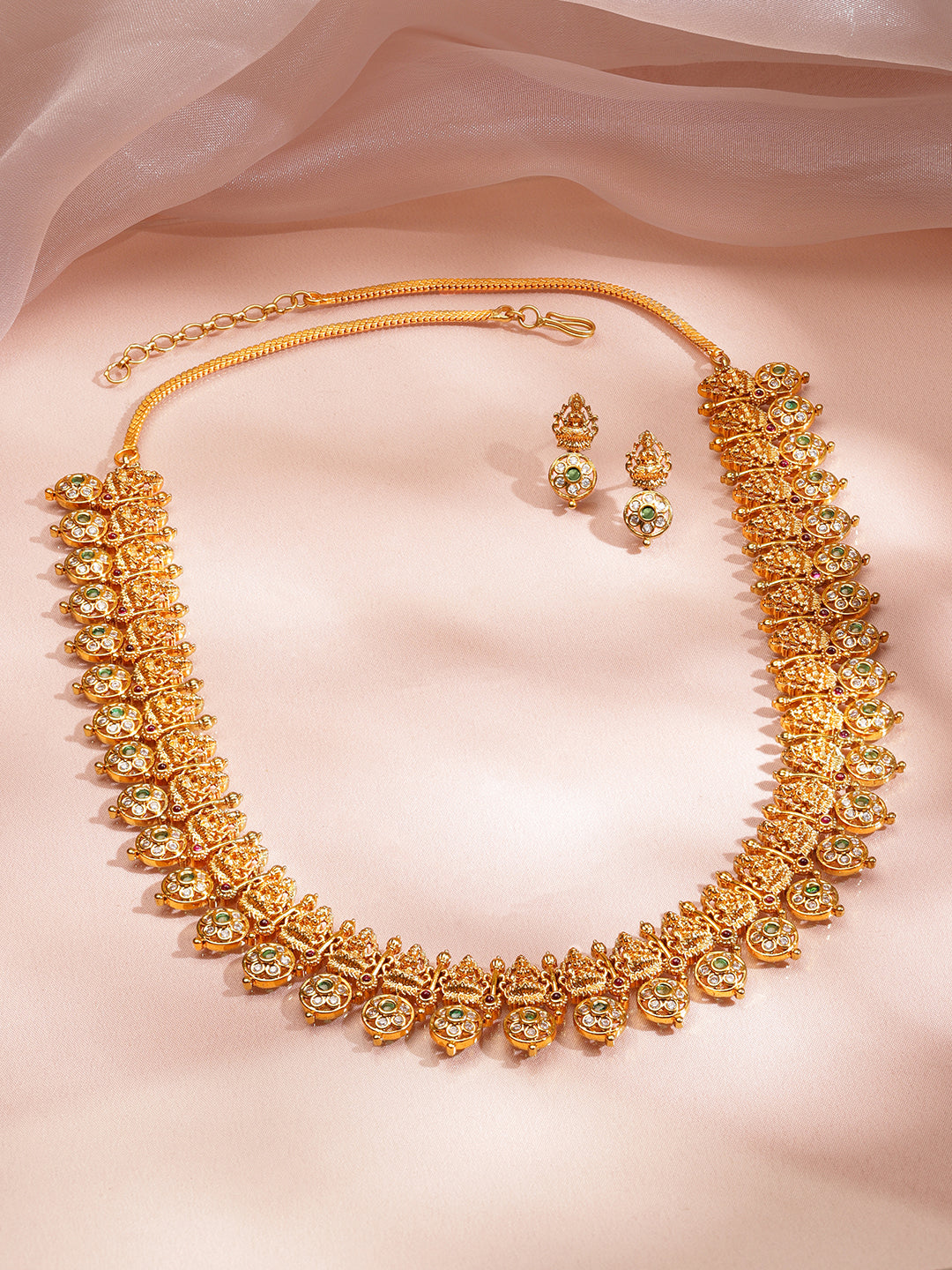 White Studded Laxmi Motif Gold Necklace Set