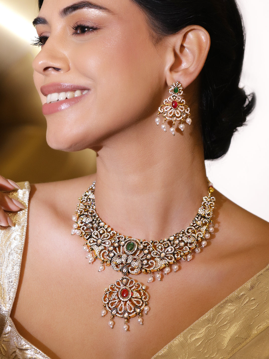 American Diamond Zirconia Pearl Necklace Set