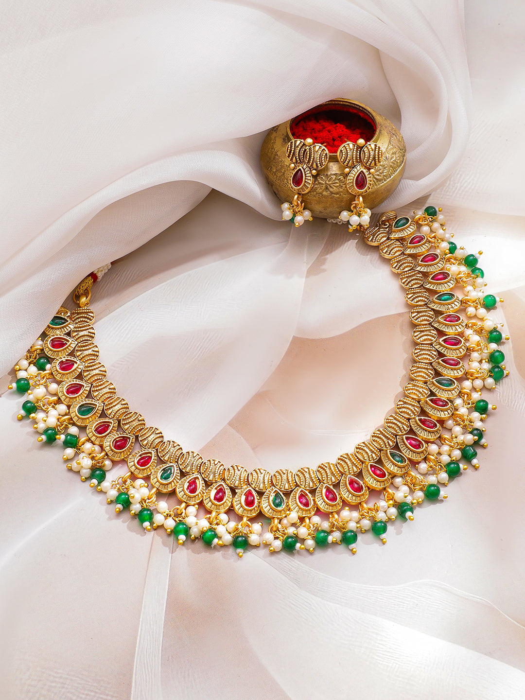 Ruby Studded Green Pearl Drop Necklace Set