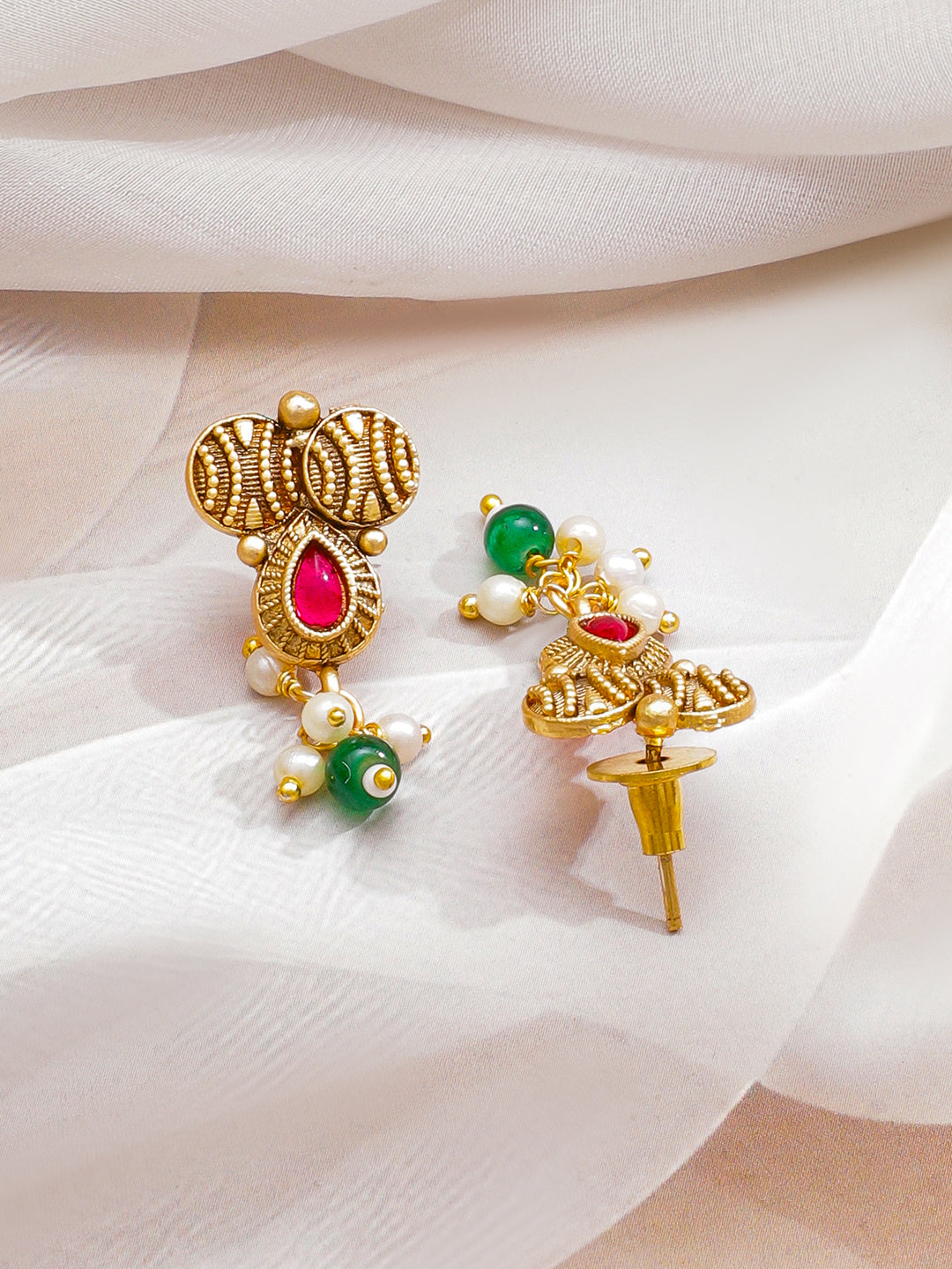 Ruby Studded Green Pearl Drop Necklace Set