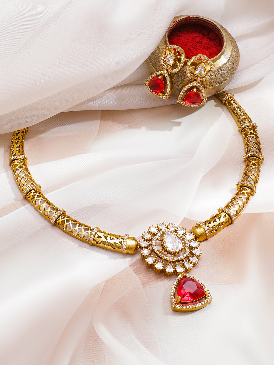 Gold Toned Kundan Red Collar Necklace