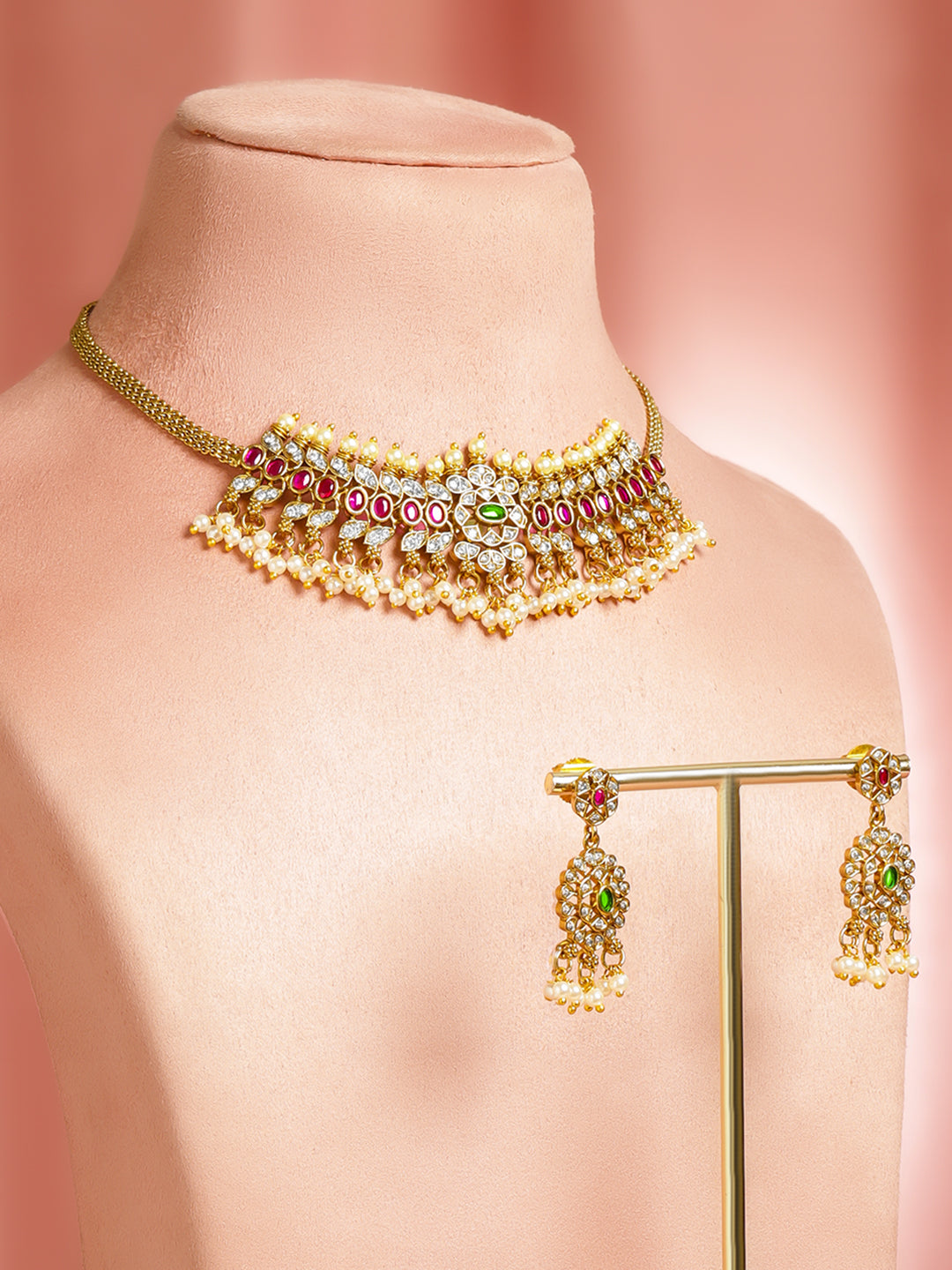 Multicolor Studded Pearl Drop Gold Necklace Set