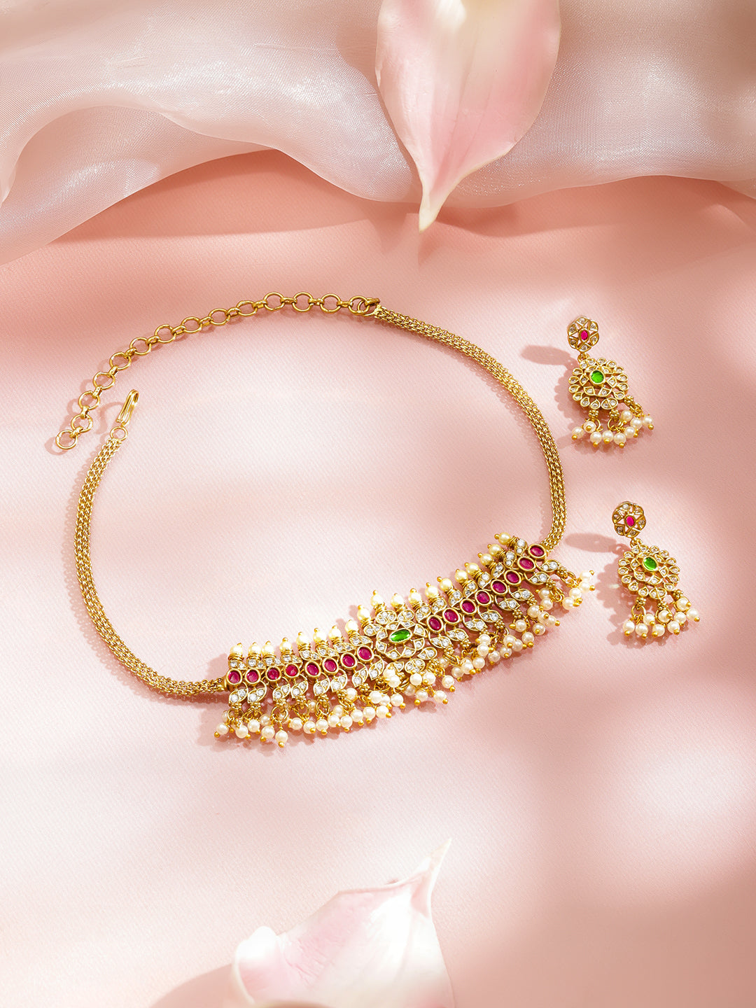 Multicolor Studded Pearl Drop Gold Necklace Set