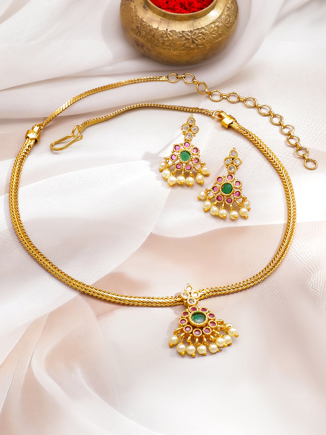 Pink & Green Pearl Drop Necklace Set