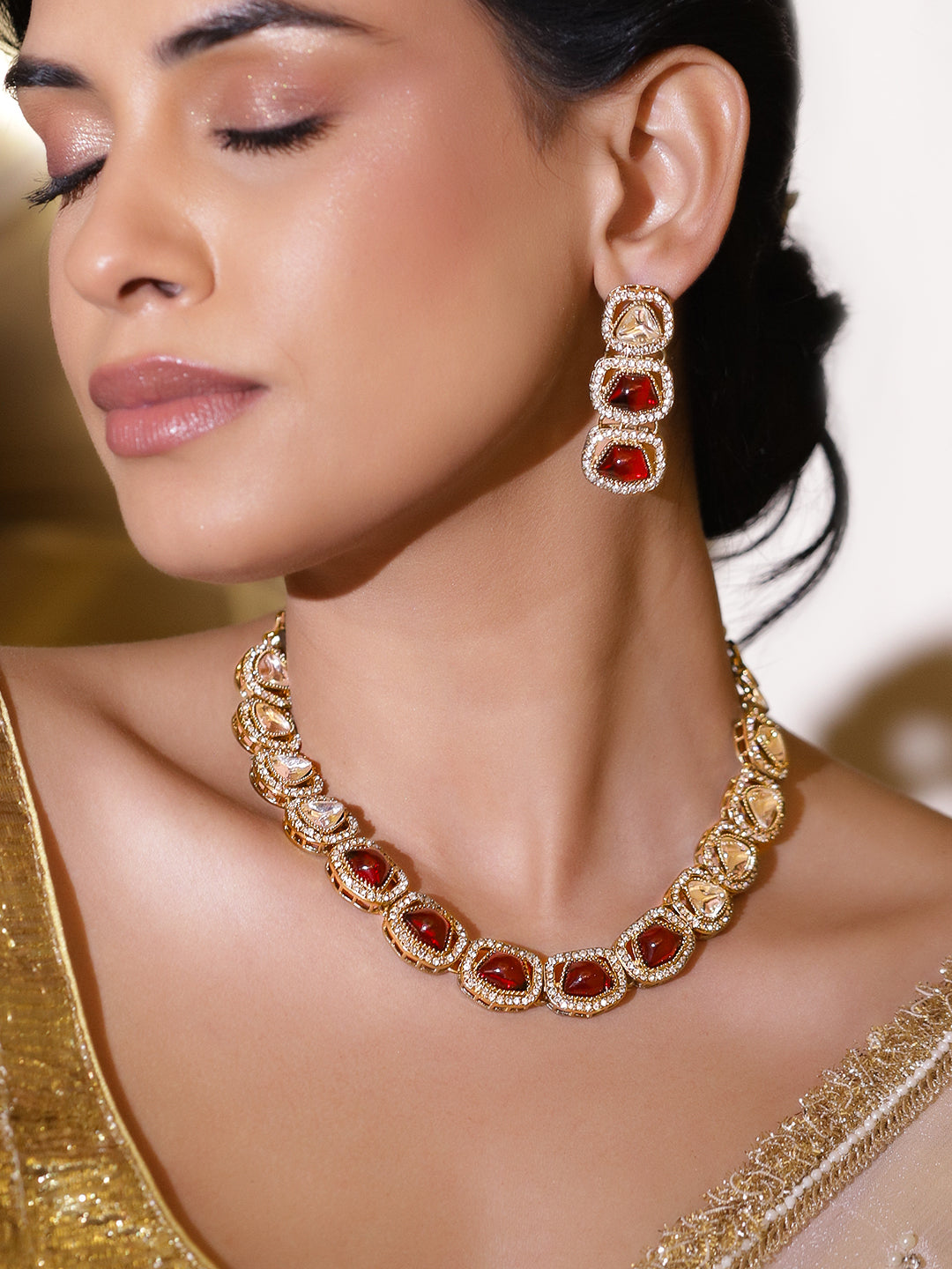 White Ruby Studded Gold Necklace Set With Maangtikka