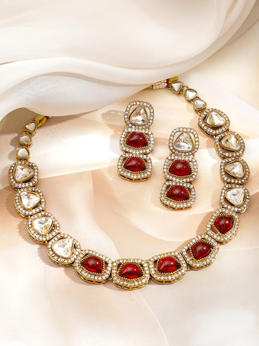 White Ruby Studded Gold Necklace Set With Maangtikka