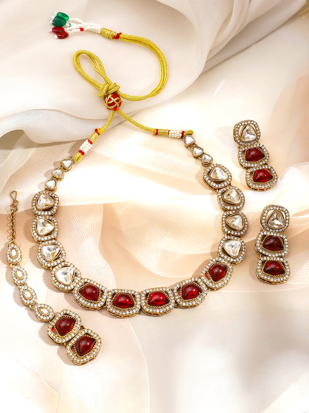 White Ruby Studded Gold Necklace Set With Maangtikka