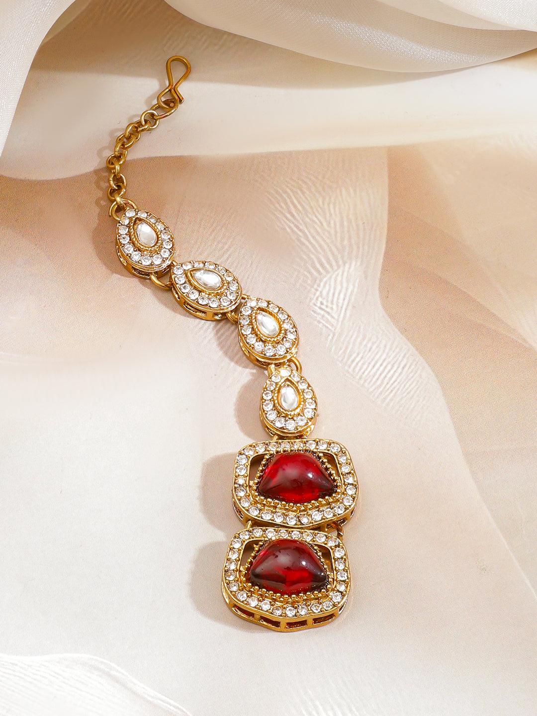 White Ruby Studded Gold Necklace Set With Maangtikka