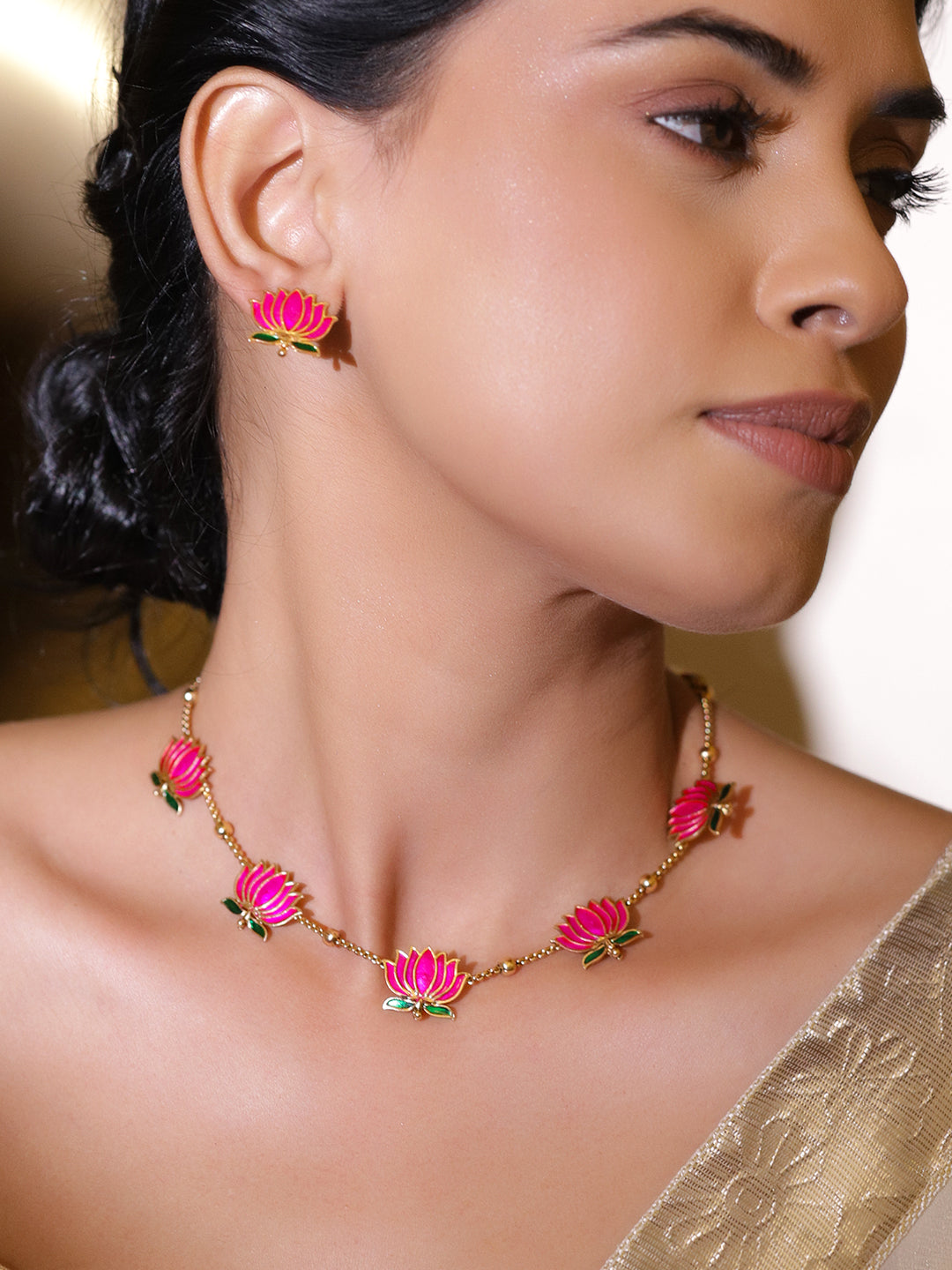 Pink Lotus Motif Enamel Necklace Set
