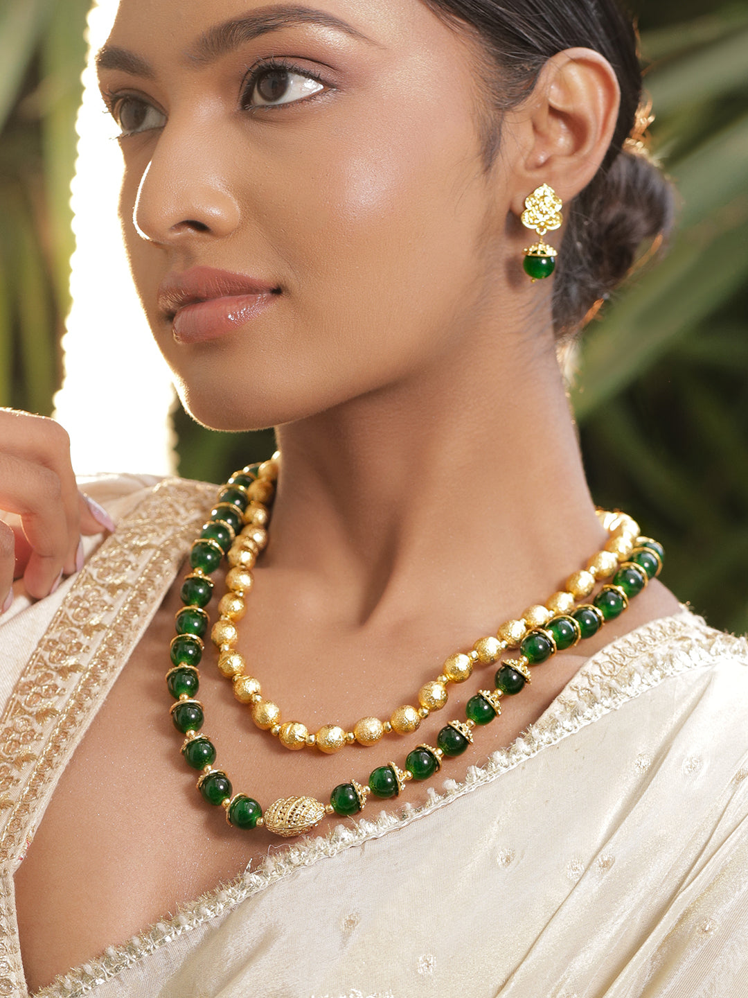 Green & Gold Beaded Dual Layered Necklace Set