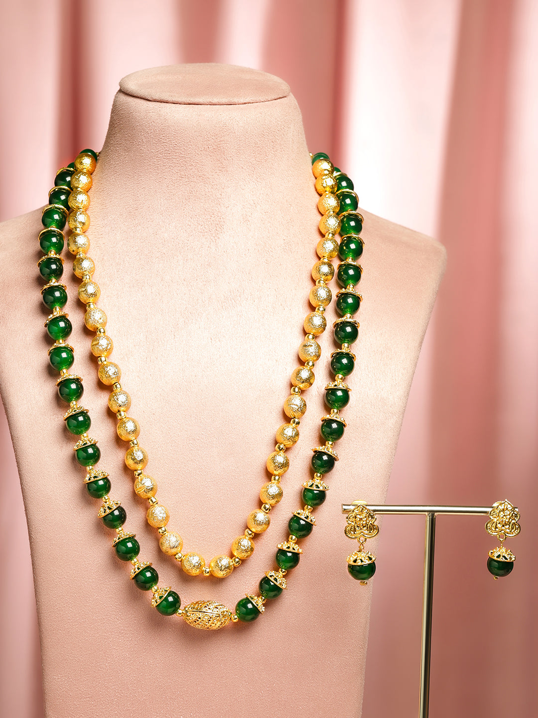 Green & Gold Beaded Dual Layered Necklace Set
