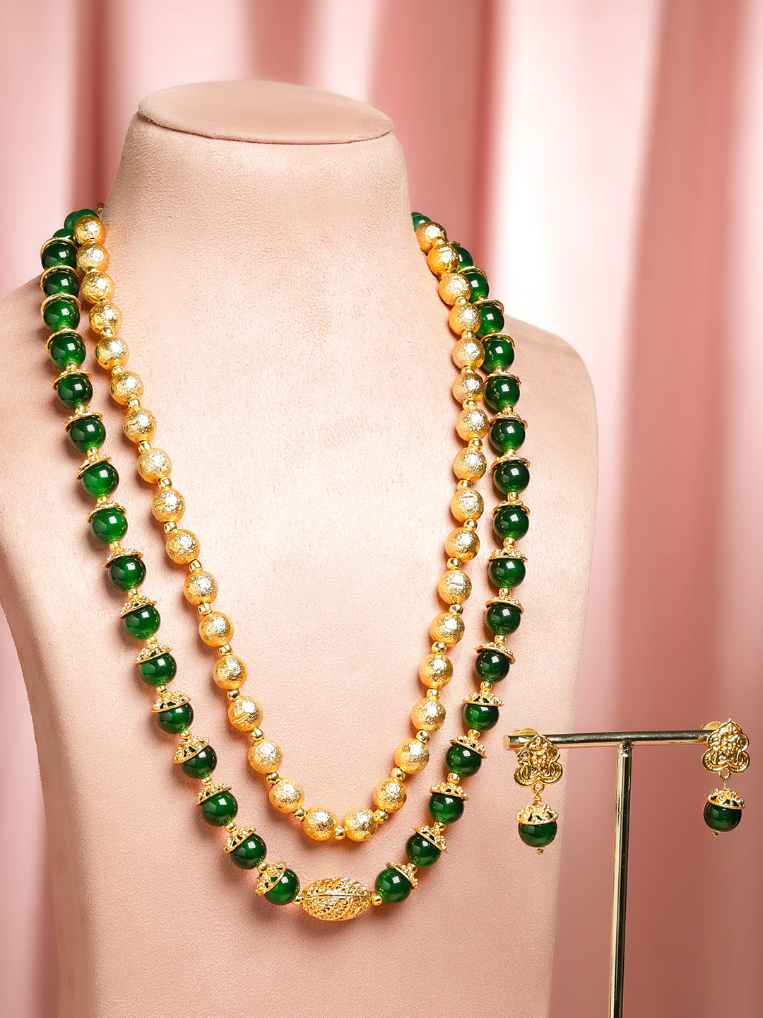 Green & Gold Beaded Dual Layered Necklace Set