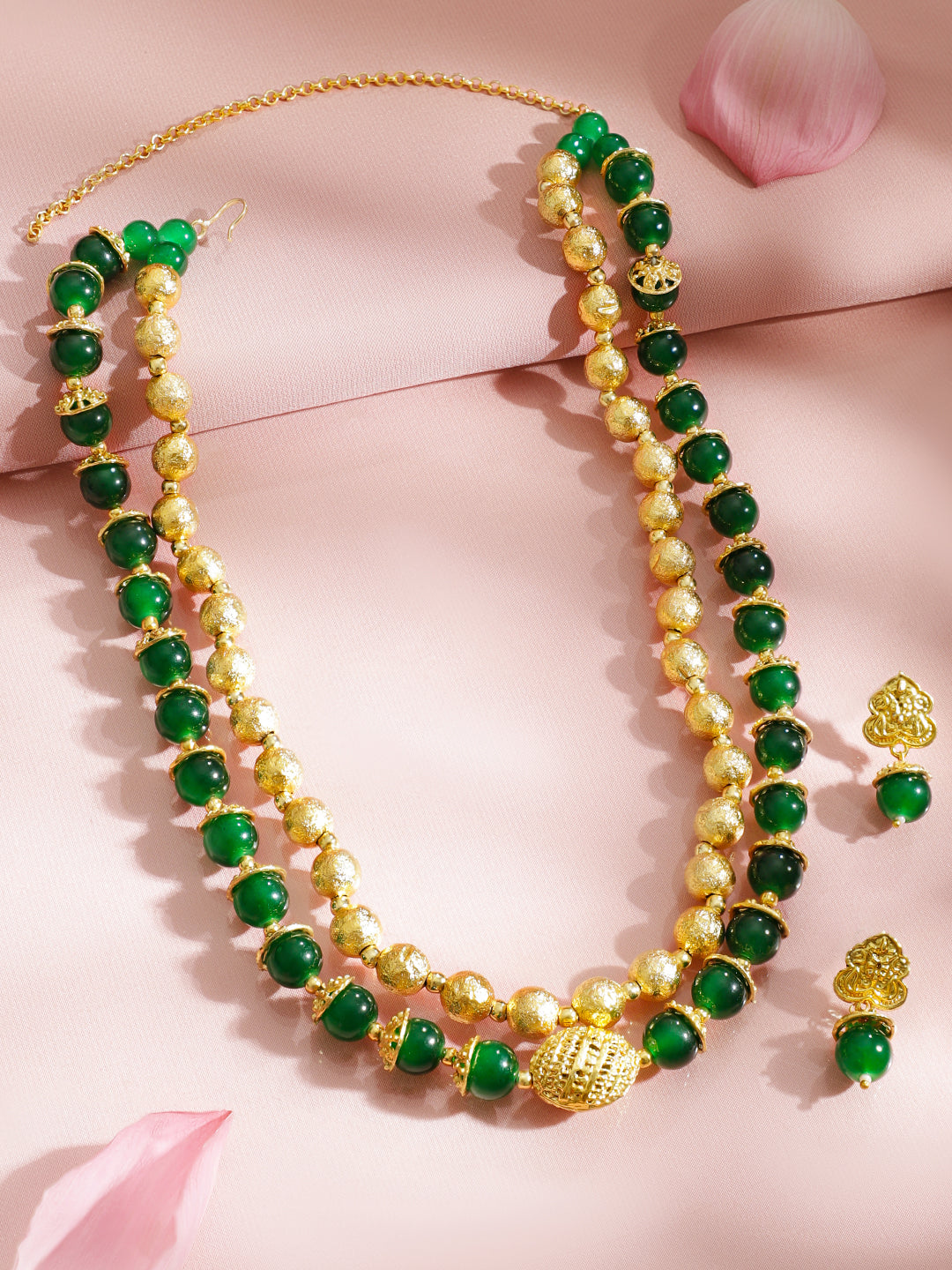 Green & Gold Beaded Dual Layered Necklace Set