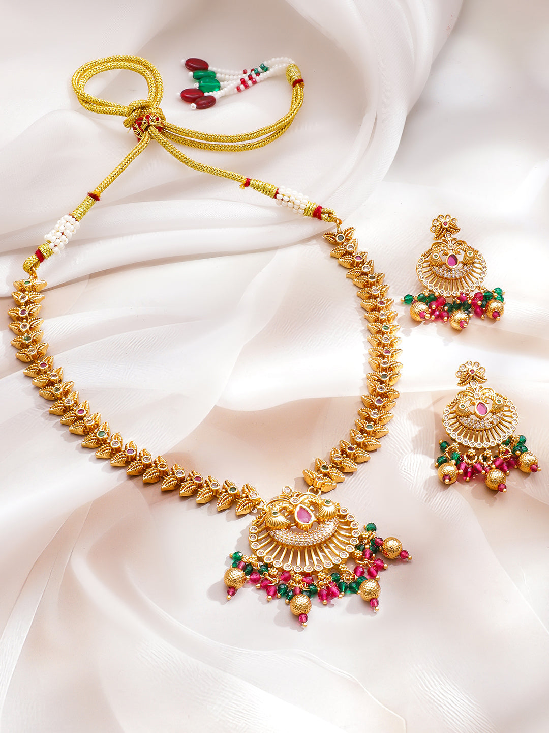 Gold Toned Leaf Design Beaded Necklace Set