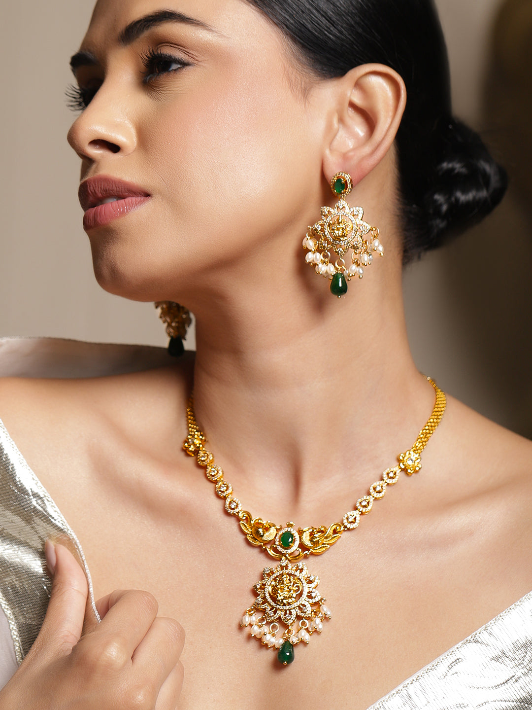 American Diamond Zirconia White Beaded Temple Necklace Set