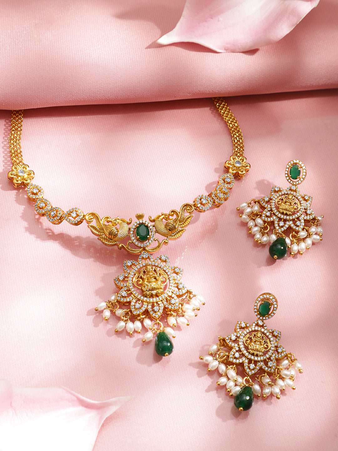 American Diamond Zirconia White Beaded Temple Necklace Set