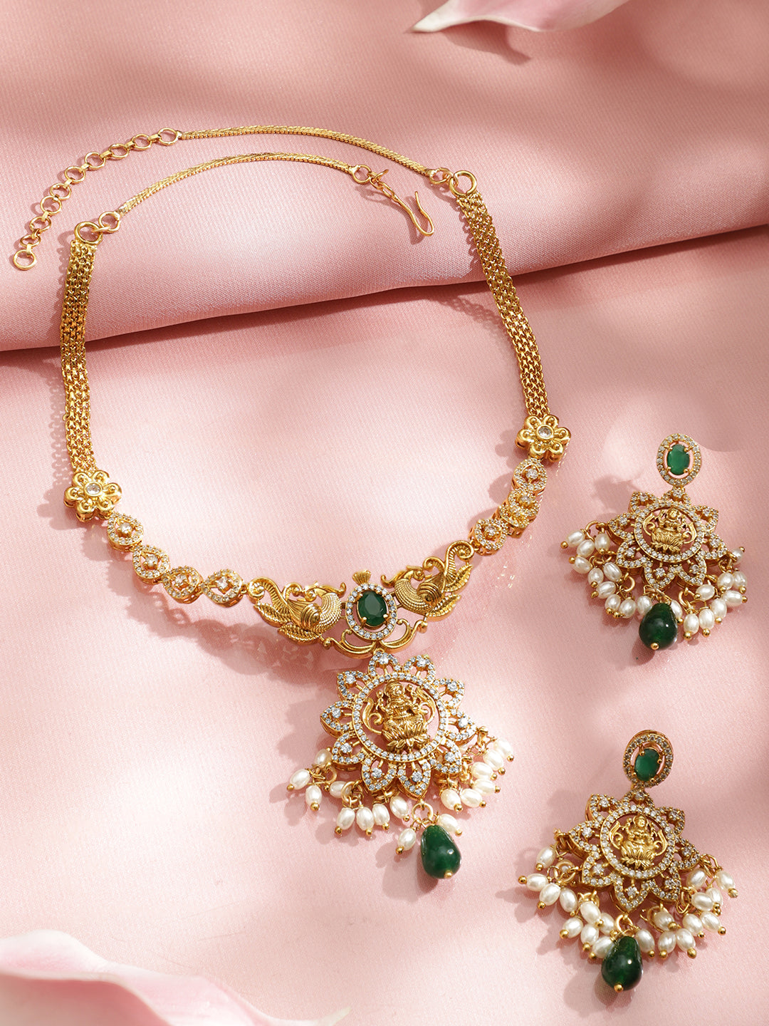 American Diamond Zirconia White Beaded Temple Necklace Set