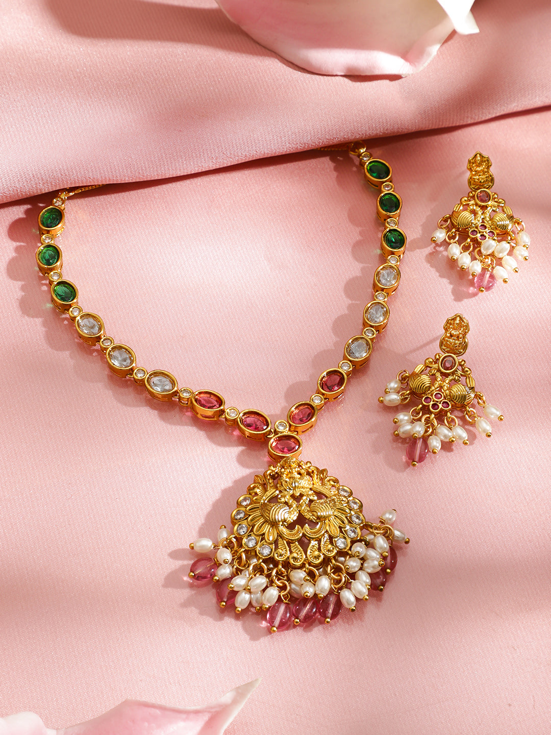 Multicolor Pearl Drop Temple Necklace Set