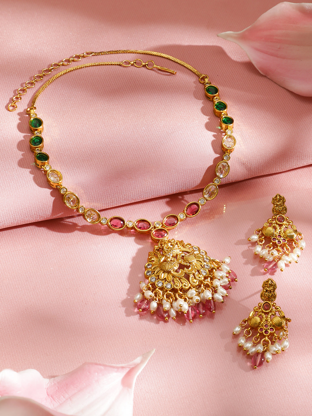 Multicolor Pearl Drop Temple Necklace Set