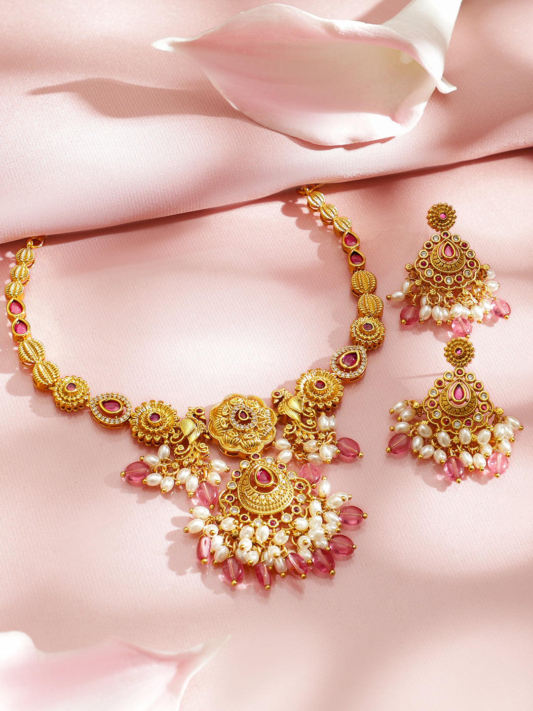 Floral Motif White & Red Beaded Gold Necklace Set