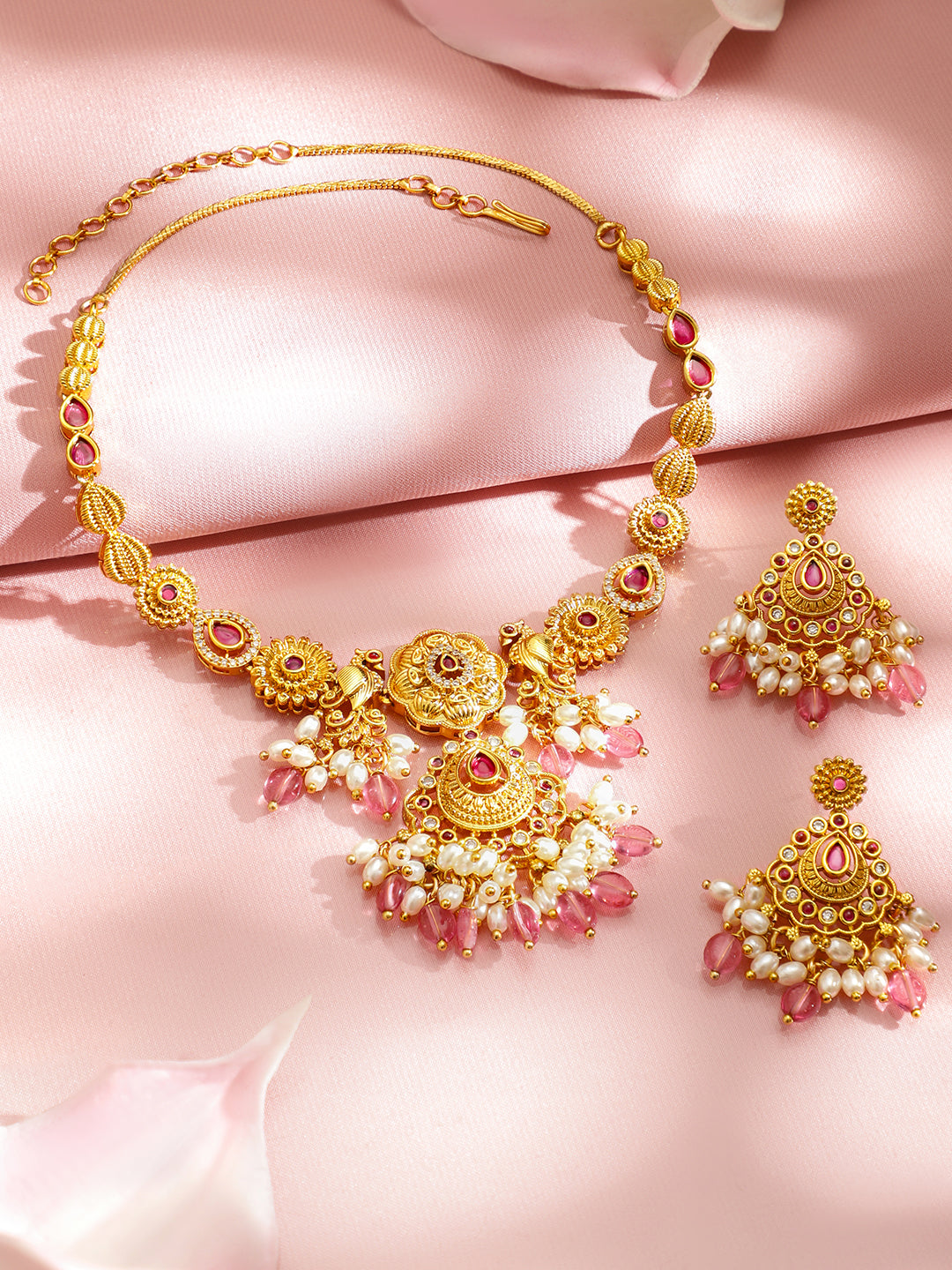 Floral Motif White & Red Beaded Gold Necklace Set