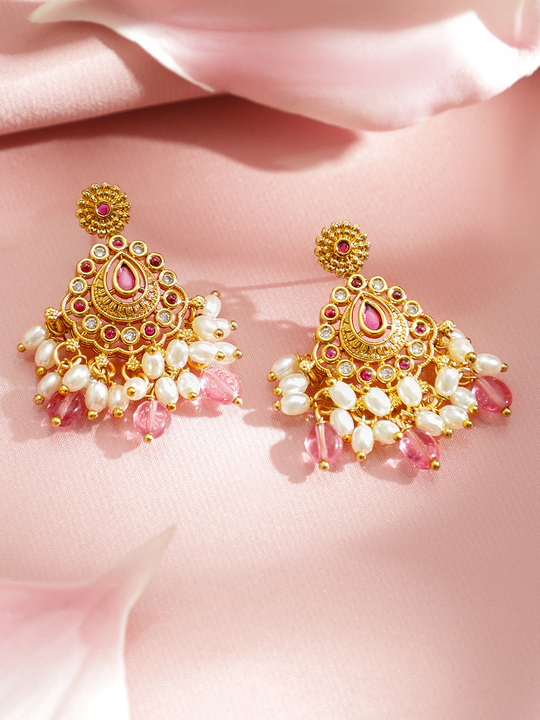 Floral Motif White & Red Beaded Gold Necklace Set