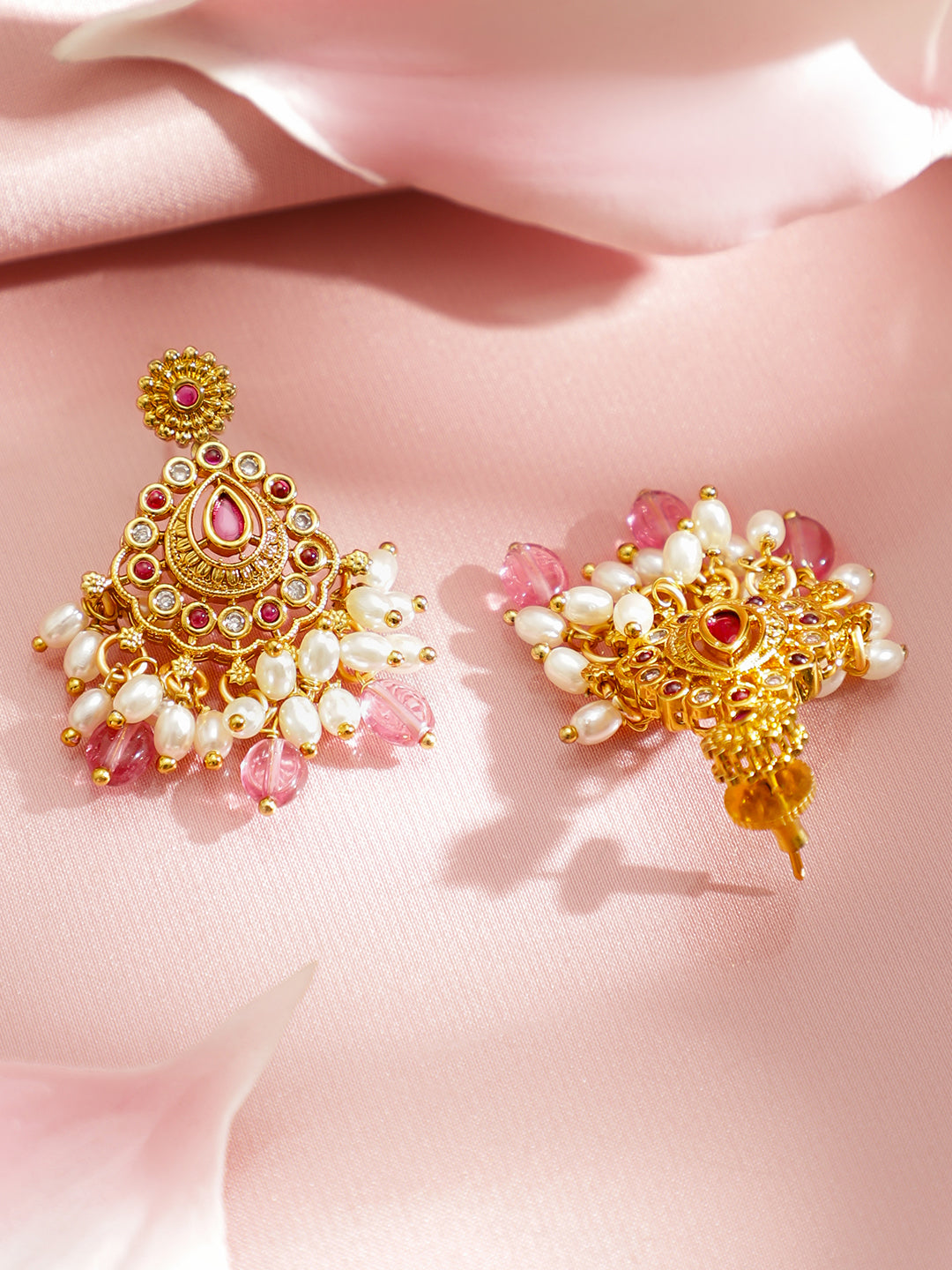 Floral Motif White & Red Beaded Gold Necklace Set
