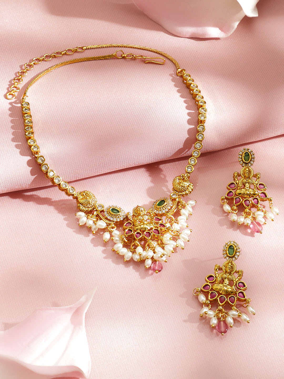 American Diamond Zirconia Pearl Temple Necklace Set